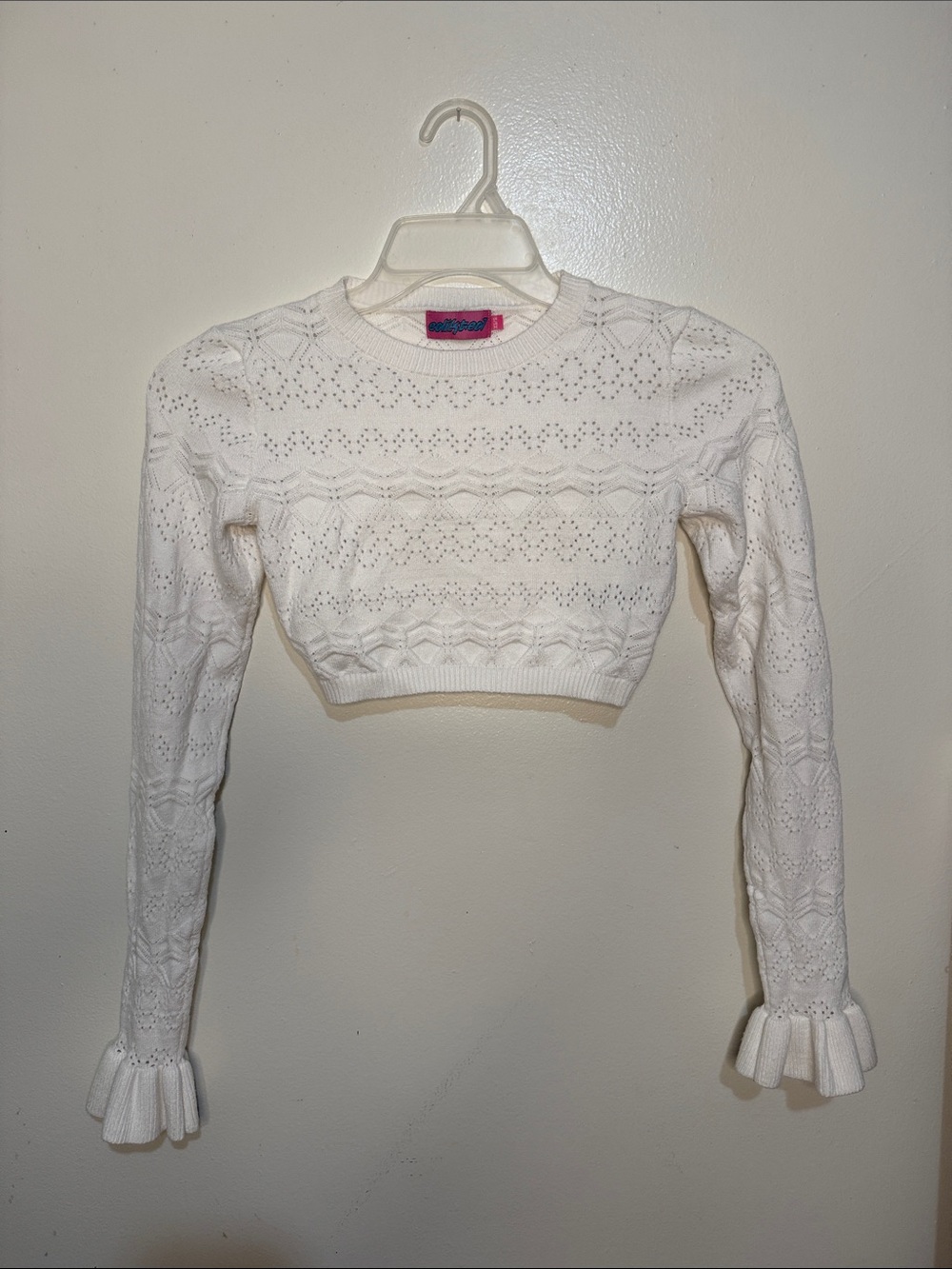 Edikted White Pointelle Cropped Sweater XS Ruffle Cuffs